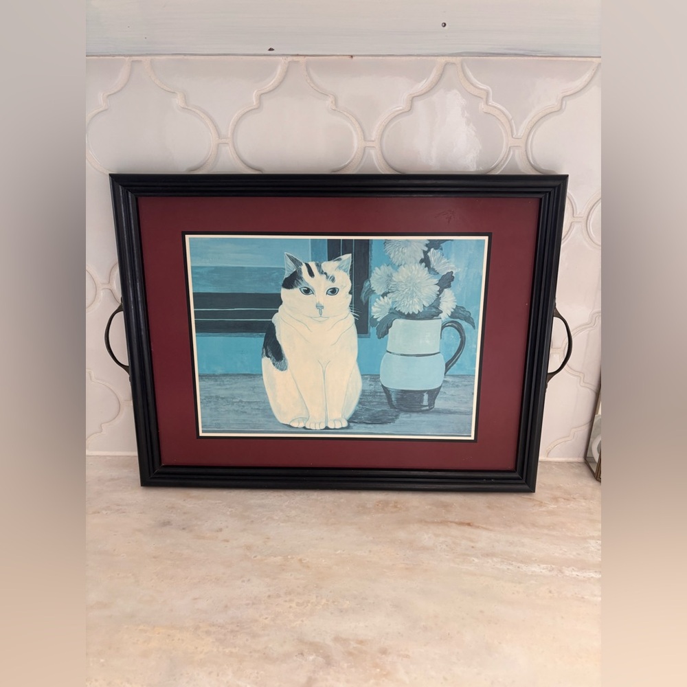 Vintage Handmade Primitive Cat Art Table Tray